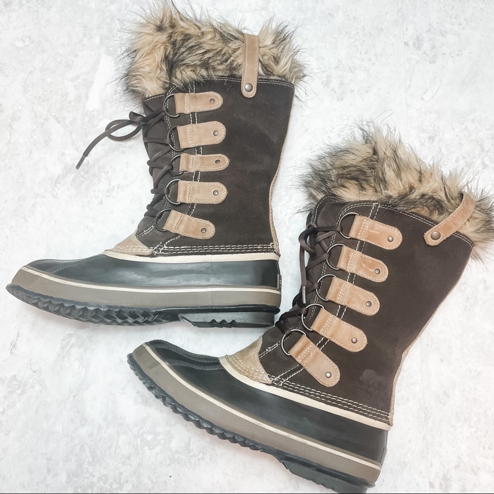 Sorel Brown Suede Joan of Arctic Fur Trim Boots